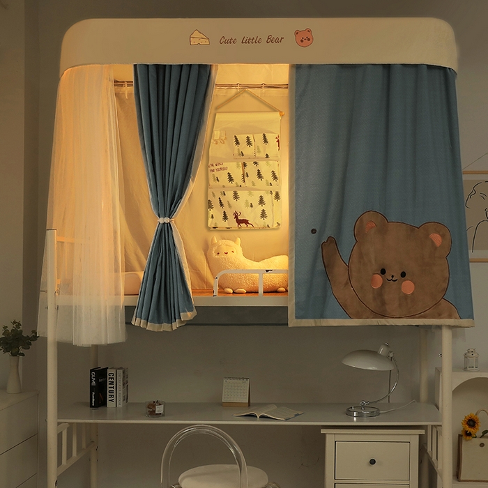 91家纺网 家纺一手货源 找家纺 都市缘蚊帐 2025新款学生宿舍导轨遮光床帘上下铺贴布卡通蚊帐0.8m 0.9m床 小棕熊 墨绿