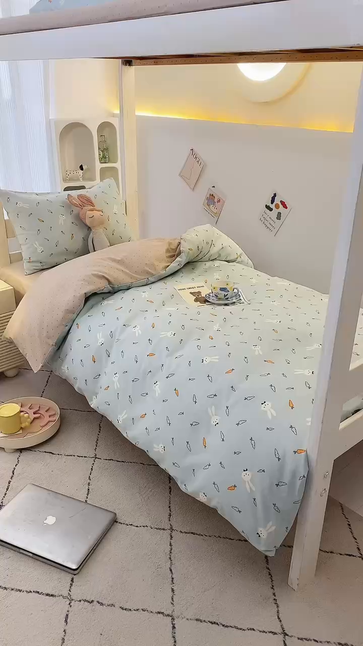 91家纺网 家纺一手货源 找家纺 水妙家纺 2025年新款A类全棉纯棉学生宿舍上下铺床笠六件套五件套 长耳兔-蓝