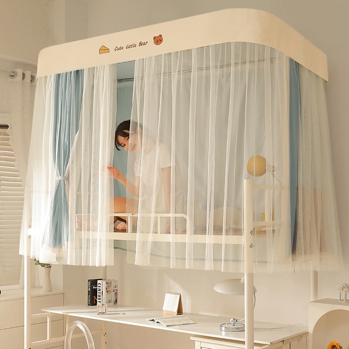 91家纺网 家纺一手货源 找家纺 都市缘蚊帐 2025新款学生宿舍导轨遮光床帘上下铺贴布卡通蚊帐0.8m 0.9m床 小棕熊 墨绿