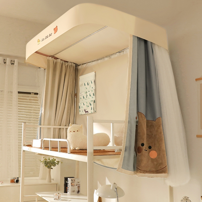 91家纺网 家纺一手货源 找家纺 都市缘蚊帐 2025新款学生宿舍导轨遮光床帘上下铺贴布卡通蚊帐0.8m 0.9m床 小棕熊 浅灰