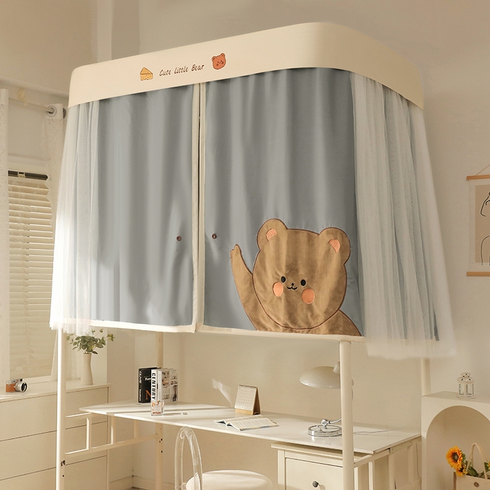 91家纺网 家纺一手货源 找家纺 都市缘蚊帐 2025新款学生宿舍导轨遮光床帘上下铺贴布卡通蚊帐0.8m 0.9m床 小棕熊 浅灰