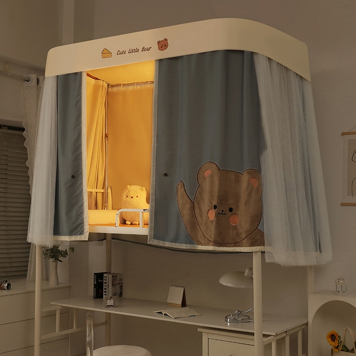 91家纺网 家纺一手货源 找家纺 都市缘蚊帐 2025新款学生宿舍导轨遮光床帘上下铺贴布卡通蚊帐0.8m 0.9m床 小棕熊 浅灰