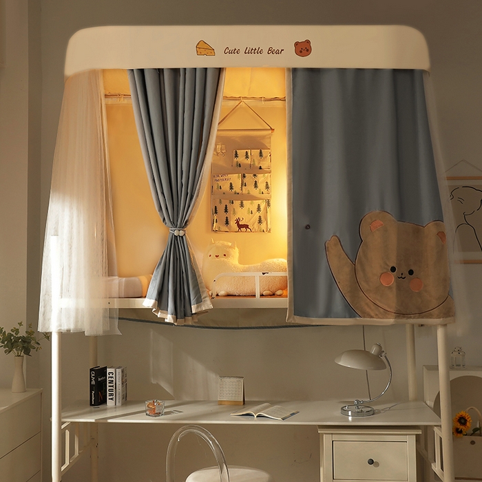 91家纺网 家纺一手货源 找家纺 都市缘蚊帐 2025新款学生宿舍导轨遮光床帘上下铺贴布卡通蚊帐0.8m 0.9m床 小棕熊 浅灰