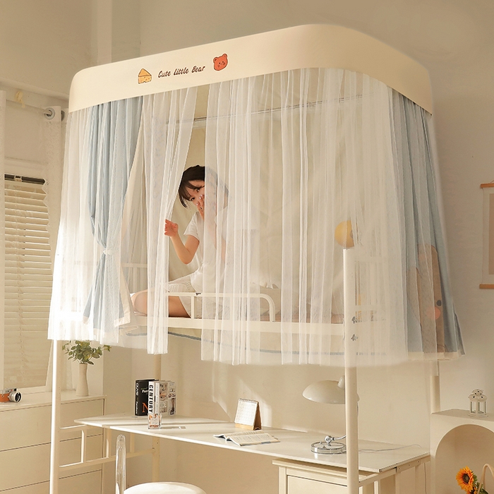 91家纺网 家纺一手货源 找家纺 都市缘蚊帐 2025新款学生宿舍导轨遮光床帘上下铺贴布卡通蚊帐0.8m 0.9m床 小棕熊 浅灰