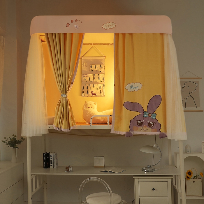 91家纺网 家纺一手货源 找家纺 都市缘蚊帐 2025新款学生宿舍导轨遮光床帘上下铺贴布卡通蚊帐0.8m 0.9m床 星露露-黄