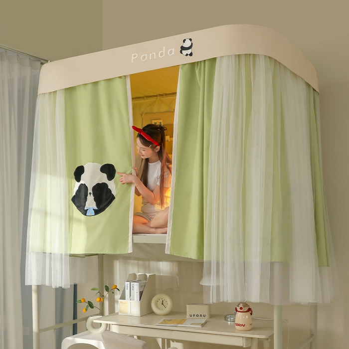 91家纺网 家纺一手货源 找家纺 都市缘蚊帐 2025新款学生宿舍导轨遮光床帘上下铺贴布卡通蚊帐0.8m 0.9m床 熊猫圆圆-豆绿