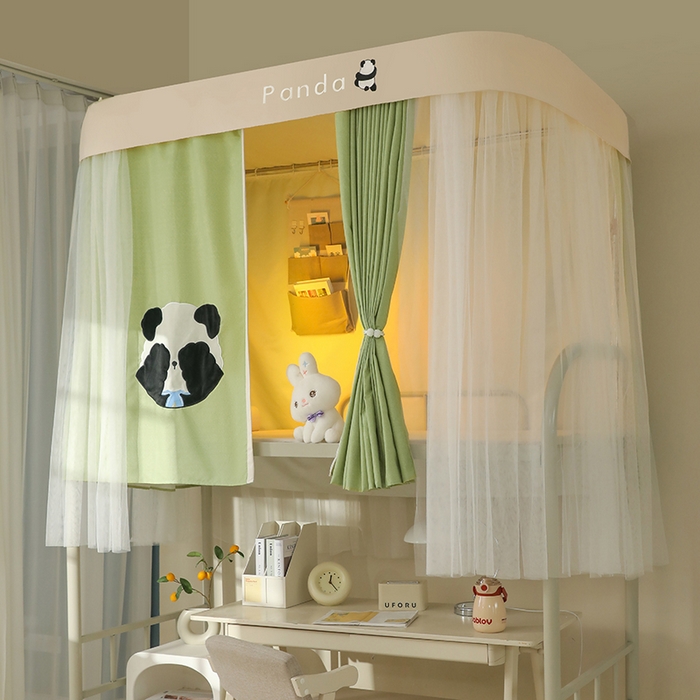 91家纺网 家纺一手货源 找家纺 都市缘蚊帐 2025新款学生宿舍导轨遮光床帘上下铺贴布卡通蚊帐0.8m 0.9m床 熊猫圆圆-豆绿