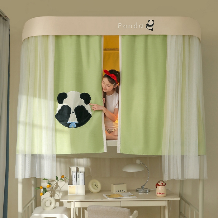 91家纺网 家纺一手货源 找家纺 都市缘蚊帐 2025新款学生宿舍导轨遮光床帘上下铺贴布卡通蚊帐0.8m 0.9m床 熊猫圆圆-豆绿