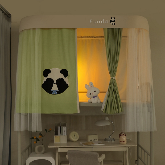 91家纺网 家纺一手货源 找家纺 都市缘蚊帐 2025新款学生宿舍导轨遮光床帘上下铺贴布卡通蚊帐0.8m 0.9m床 熊猫圆圆-豆绿