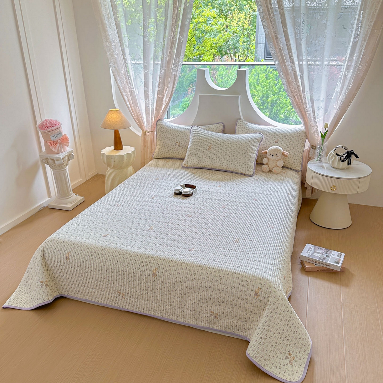 91家纺网 家纺一手货源 找家纺 恒尚居2025新款春秋纯棉床盖全棉印花床单床垫床褥垫-跑量（四季款） 纯棉四季款-樱桃紫