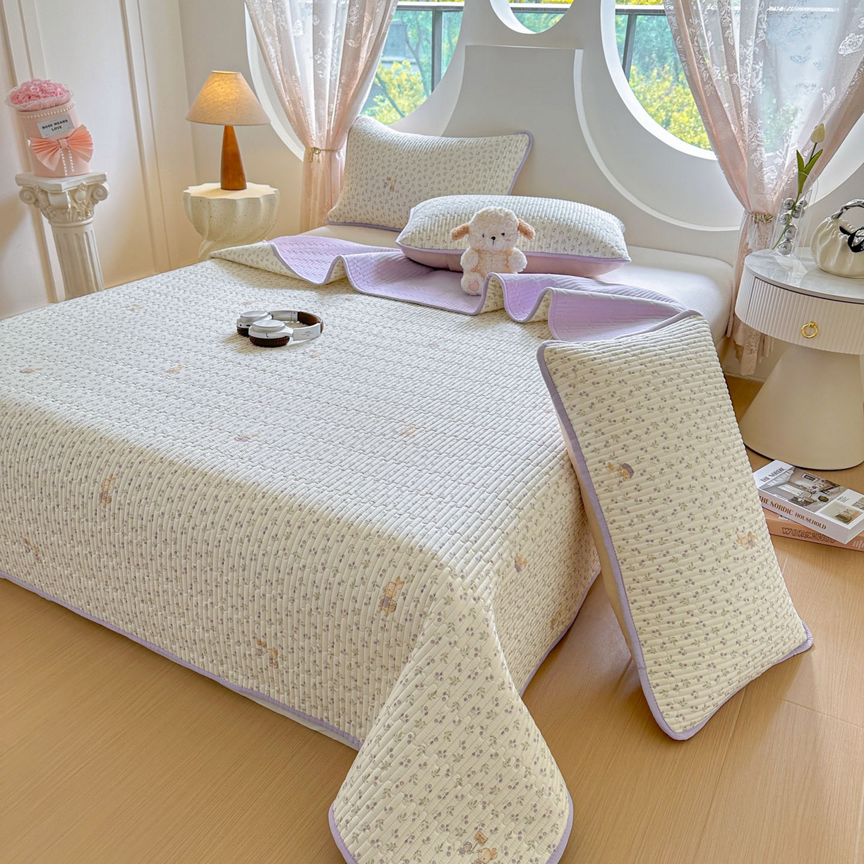 91家纺网 家纺一手货源 找家纺 恒尚居2025新款春秋纯棉床盖全棉印花床单床垫床褥垫-跑量（四季款） 纯棉四季款-樱桃紫