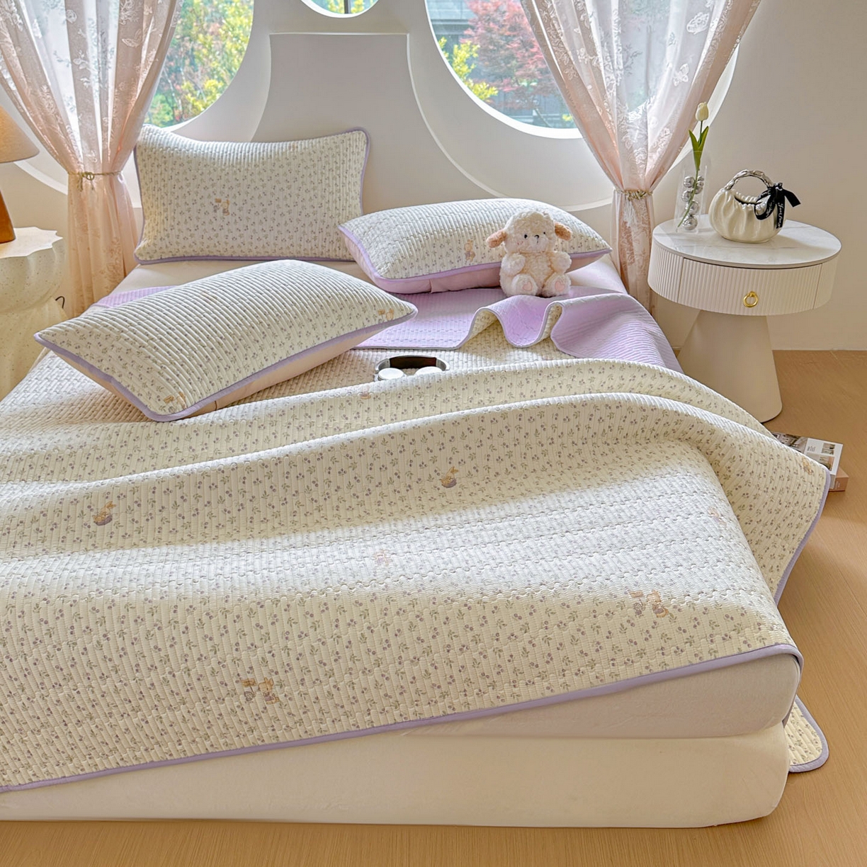 91家纺网 家纺一手货源 找家纺 恒尚居2025新款春秋纯棉床盖全棉印花床单床垫床褥垫-跑量（四季款） 纯棉四季款-樱桃紫