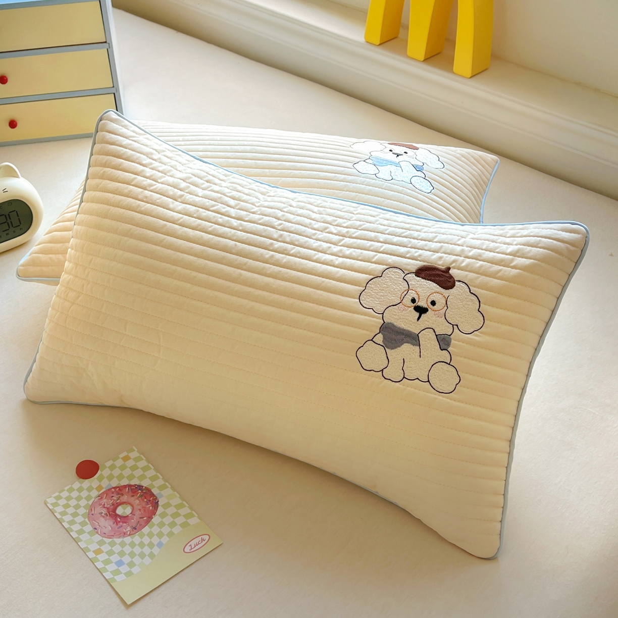 91家纺网 家纺一手货源 找家纺 百寐 2025新款A类水洗全棉绗缝夹棉-单枕套(不含芯) 眼镜狗-浅桔色