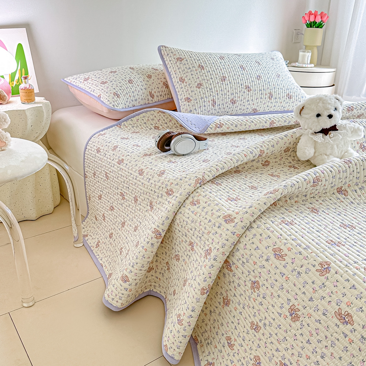 91家纺网 家纺一手货源 找家纺 恒尚居2025新款全棉床盖春秋印花床单纯棉床垫床褥垫-跑量（四季款）卡通 纯棉四季款-清茶小熊