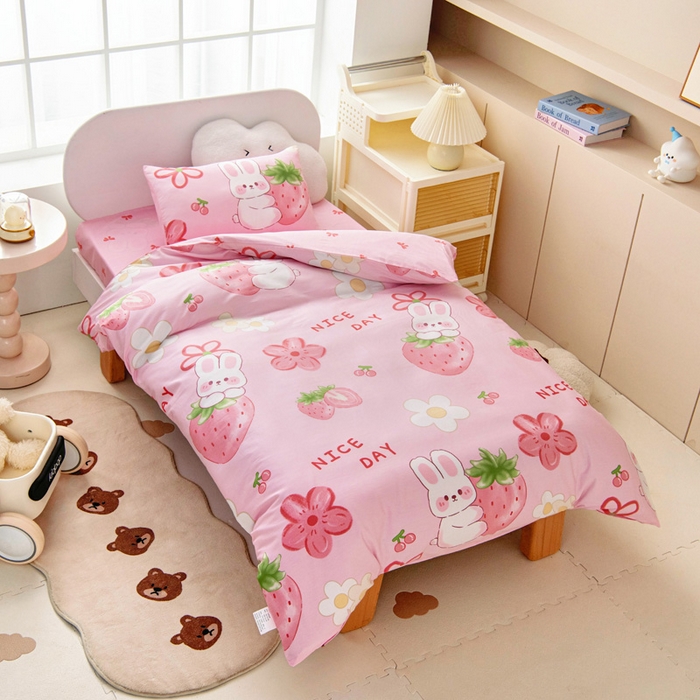 91家纺网 家纺一手货源 找家纺 乐秀 2025新款40S全棉13372幼儿园三件套六件套 草莓小兔