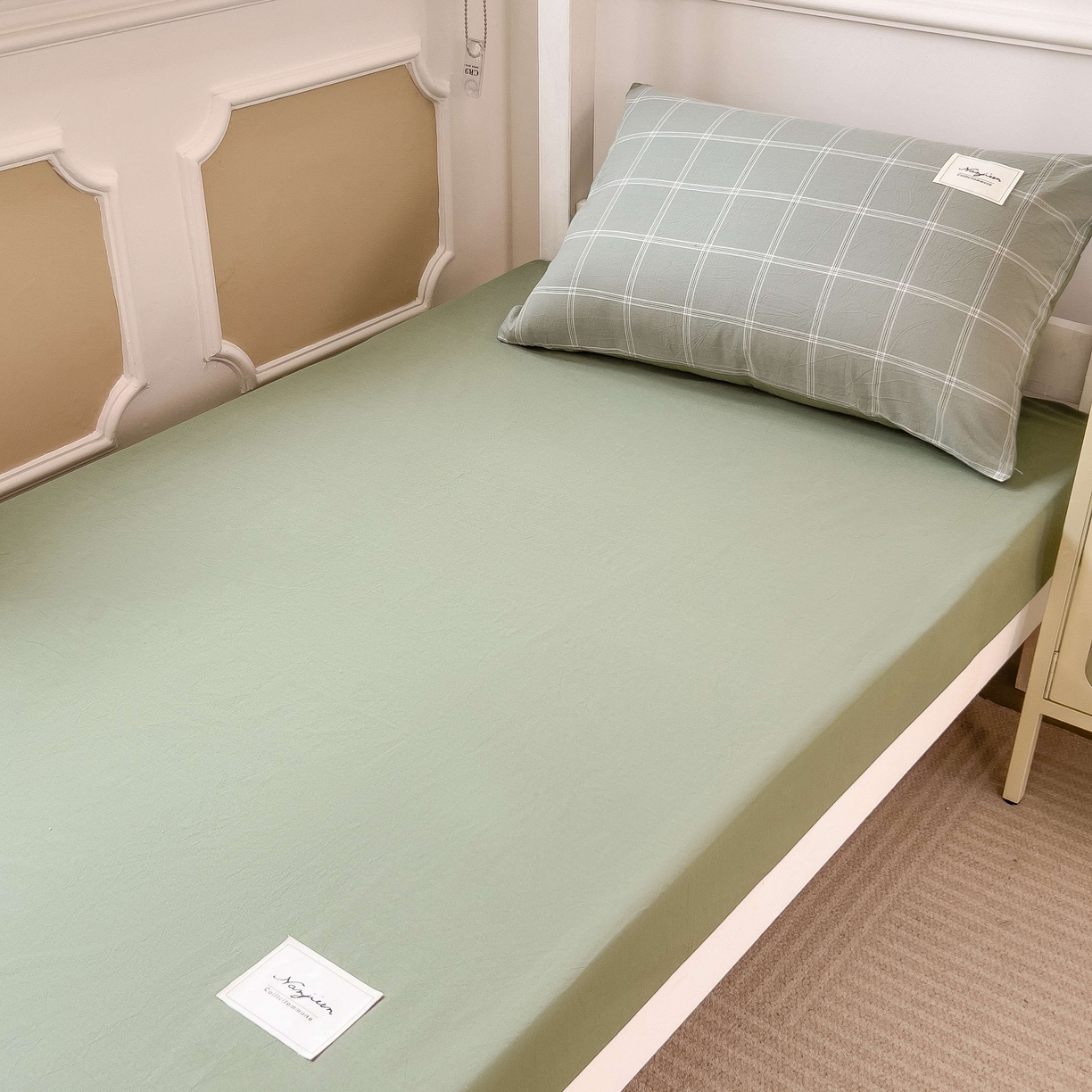 91家纺网 家纺一手货源 找家纺 宝士康家纺 2025春夏新款简约水洗棉学生三件套宿舍三件套上下铺三件套套件学生六件套套件（床单款） 格韵绿