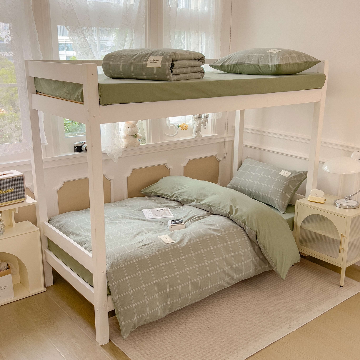 91家纺网 家纺一手货源 找家纺 宝士康家纺 2025春夏新款简约水洗棉学生三件套宿舍三件套上下铺三件套套件学生六件套套件（床单款） 格韵绿