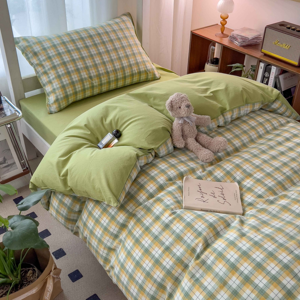 91家纺网 家纺一手货源 找家纺 宝士康家纺 2025春夏新款简约水洗棉学生三件套宿舍三件套上下铺三件套套件学生六件套套件（床单款） 芒格绿