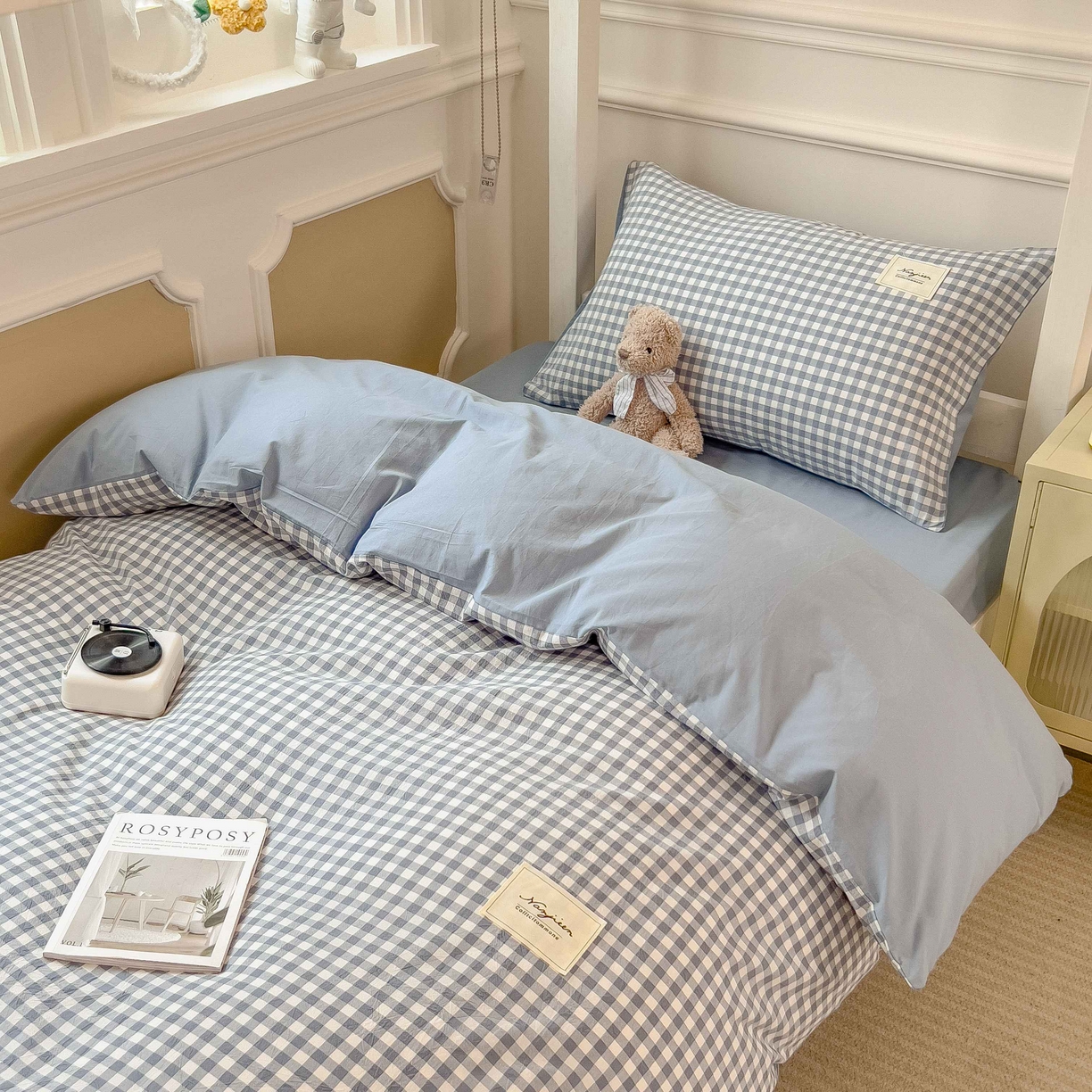 91家纺网 家纺一手货源 找家纺 宝士康家纺 2025春夏新款简约水洗棉学生三件套宿舍三件套上下铺三件套套件学生六件套套件（床单款） 天蓝小格