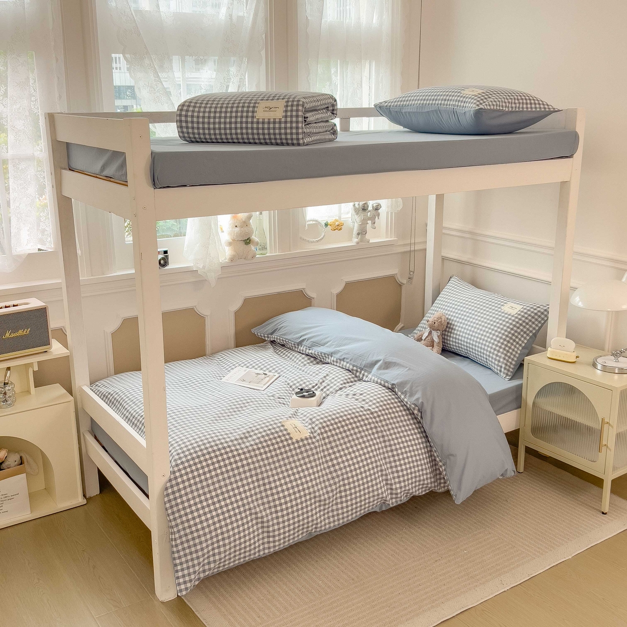 91家纺网 家纺一手货源 找家纺 宝士康家纺 2025春夏新款简约水洗棉学生三件套宿舍三件套上下铺三件套套件学生六件套套件（床单款） 天蓝小格