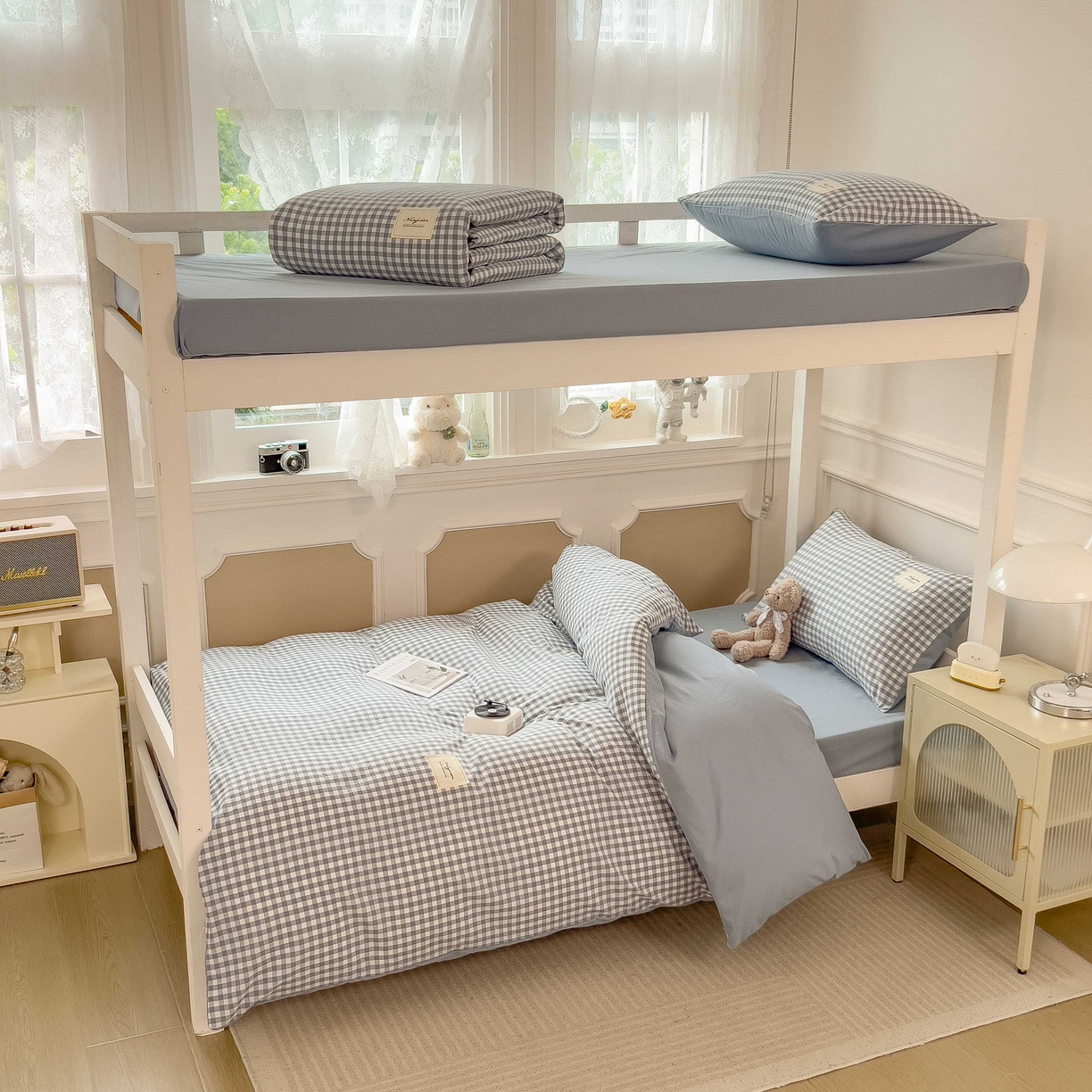 91家纺网 家纺一手货源 找家纺 宝士康家纺 2025春夏新款简约水洗棉学生三件套宿舍三件套上下铺三件套套件学生六件套套件（床单款） 天蓝小格