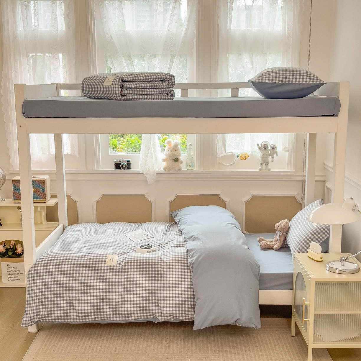 91家纺网 家纺一手货源 找家纺 宝士康家纺 2025春夏新款简约水洗棉学生三件套宿舍三件套上下铺三件套套件学生六件套套件（床单款） 天蓝小格