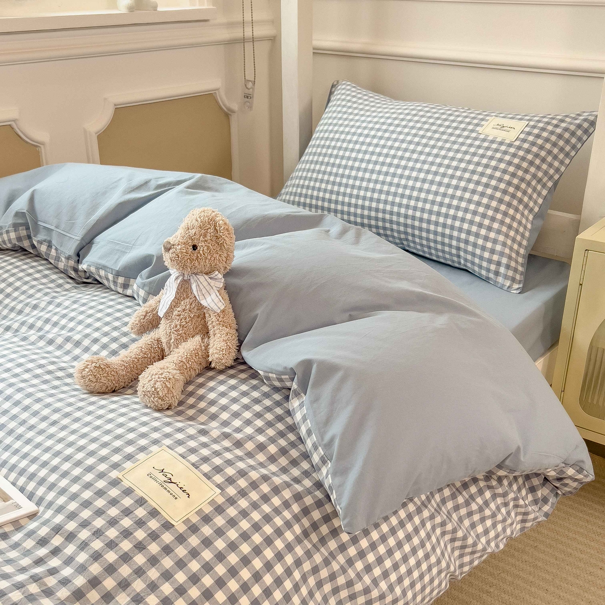 91家纺网 家纺一手货源 找家纺 宝士康家纺 2025春夏新款简约水洗棉学生三件套宿舍三件套上下铺三件套套件学生六件套套件（床单款） 天蓝小格