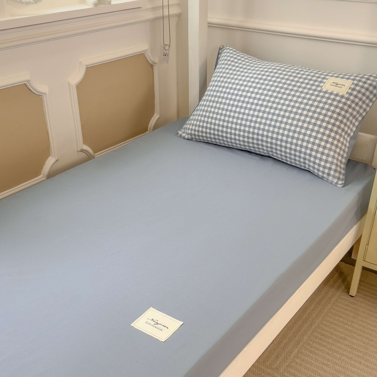 91家纺网 家纺一手货源 找家纺 宝士康家纺 2025春夏新款简约水洗棉学生三件套宿舍三件套上下铺三件套套件学生六件套套件（床单款） 天蓝小格