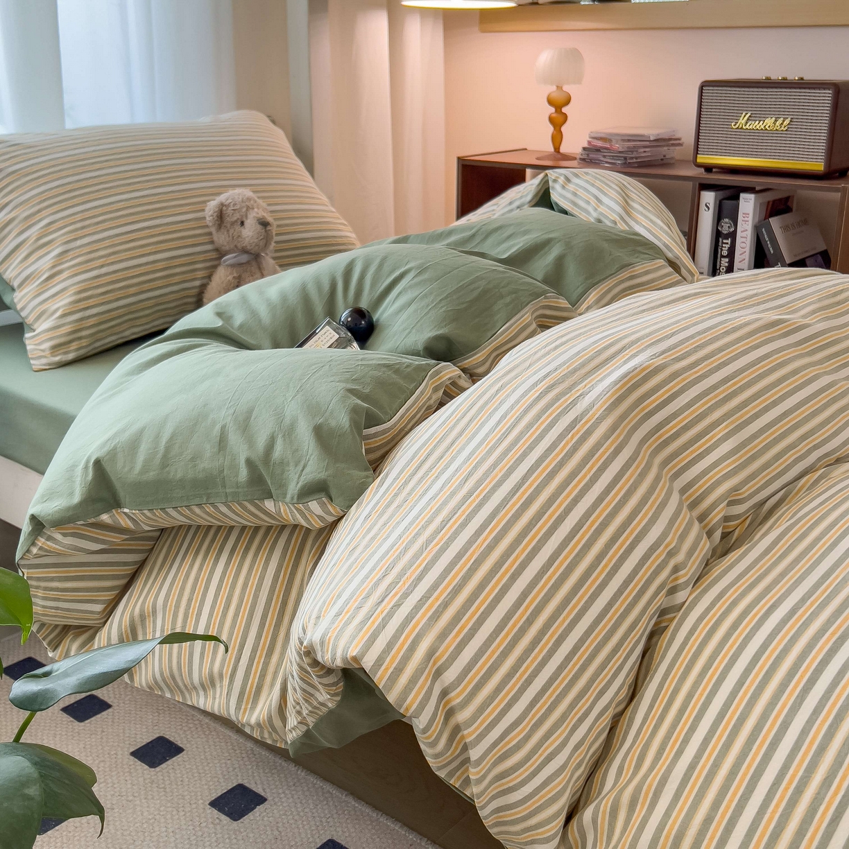 91家纺网 家纺一手货源 找家纺 宝士康家纺 2025春夏新款简约水洗棉学生三件套宿舍三件套上下铺三件套套件学生六件套套件（床单款） 小绿条