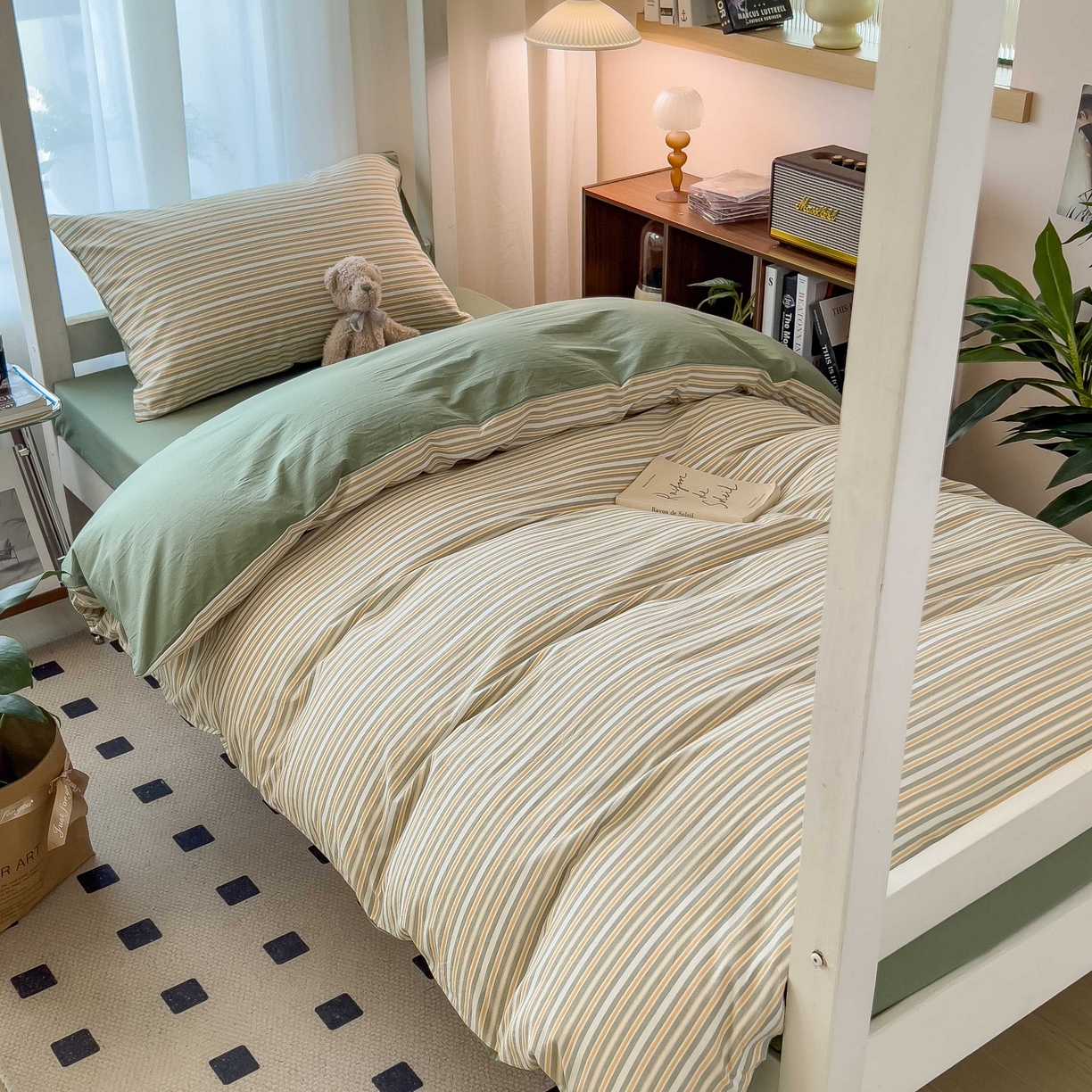 91家纺网 家纺一手货源 找家纺 宝士康家纺 2025春夏新款简约水洗棉学生三件套宿舍三件套上下铺三件套套件学生六件套套件（床单款） 小绿条