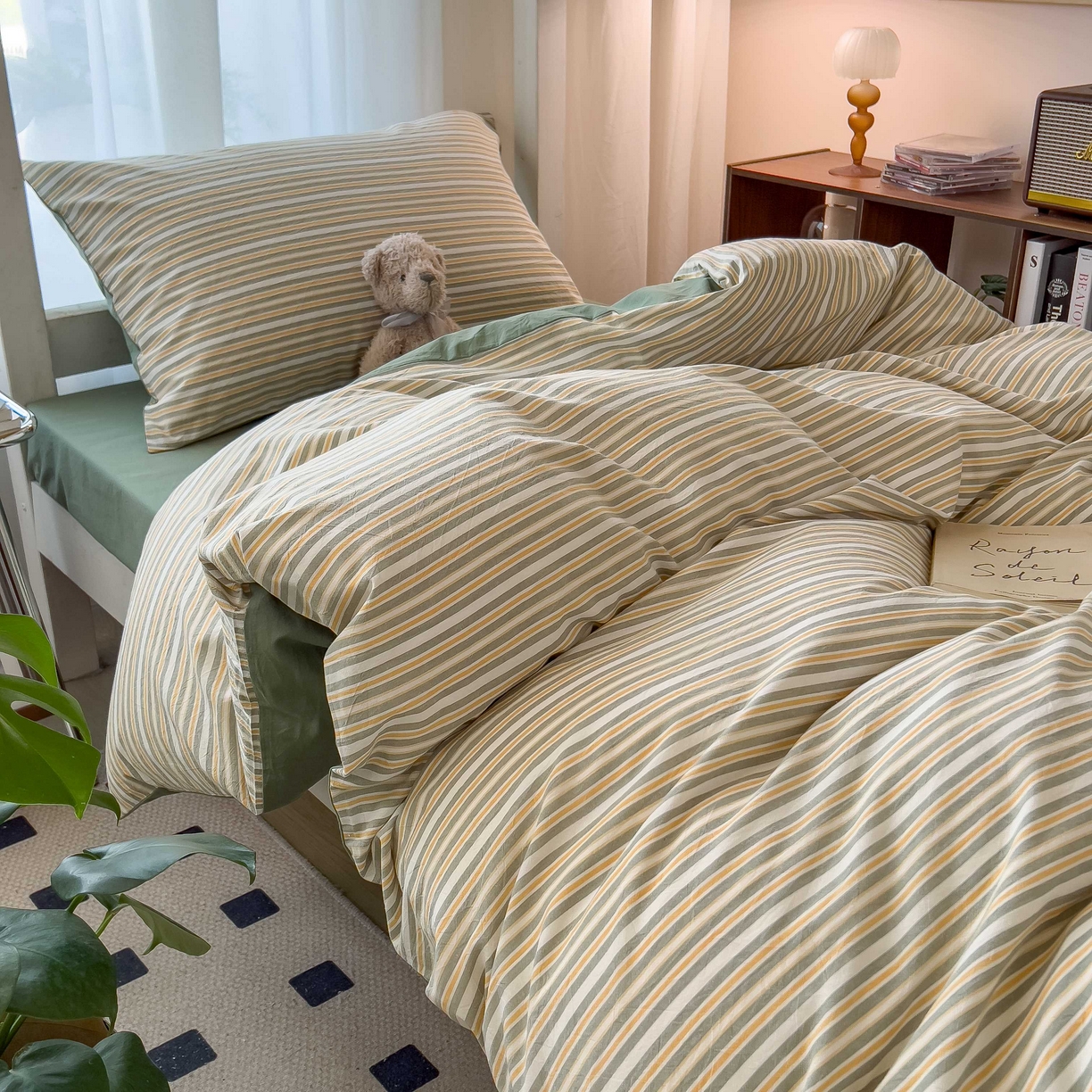 91家纺网 家纺一手货源 找家纺 宝士康家纺 2025春夏新款简约水洗棉学生三件套宿舍三件套上下铺三件套套件学生六件套套件（床单款） 小绿条