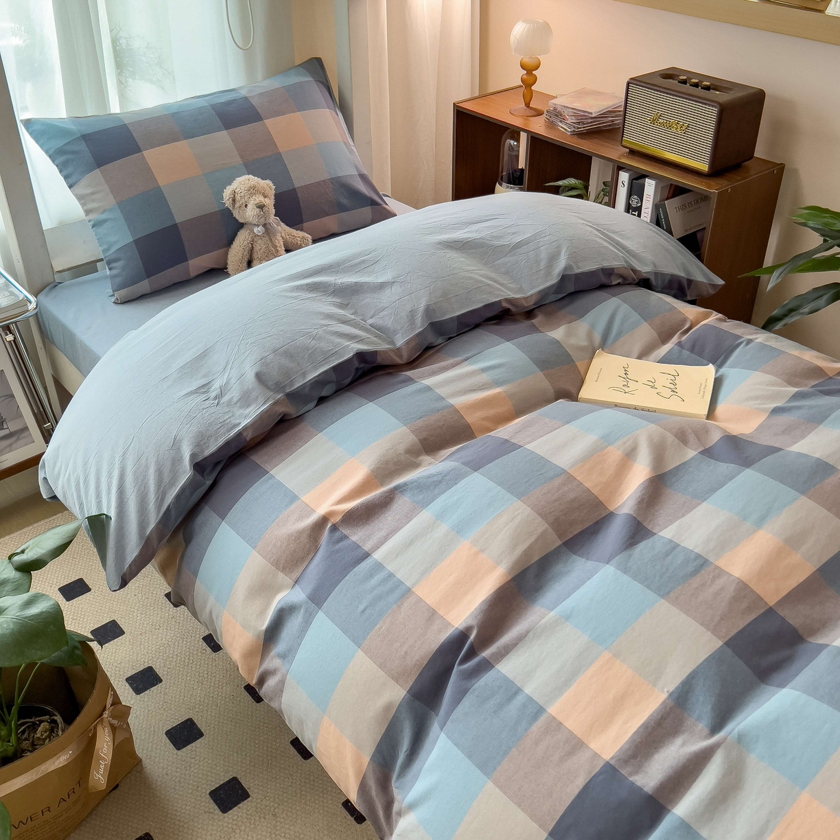 91家纺网 家纺一手货源 找家纺 宝士康家纺 2025春夏新款简约水洗棉学生三件套宿舍三件套上下铺三件套套件学生六件套套件（床单款） 炫彩蓝格