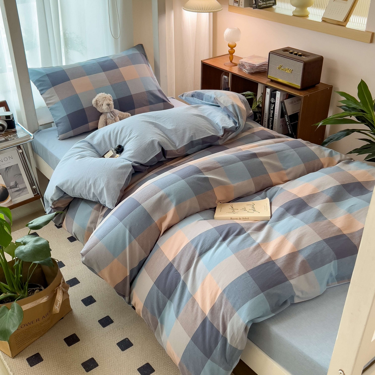 91家纺网 家纺一手货源 找家纺 宝士康家纺 2025春夏新款简约水洗棉学生三件套宿舍三件套上下铺三件套套件学生六件套套件（床单款） 炫彩蓝格