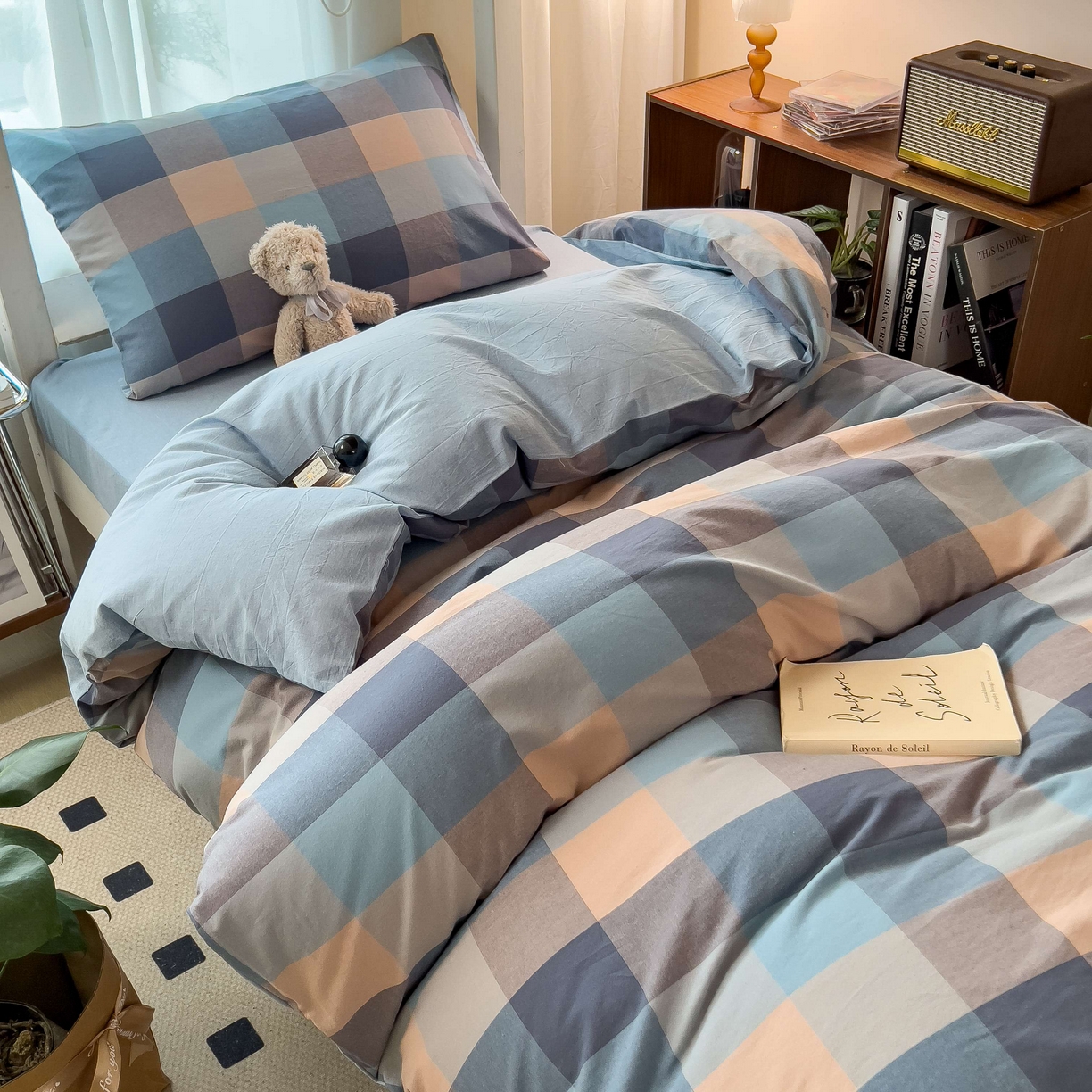 91家纺网 家纺一手货源 找家纺 宝士康家纺 2025春夏新款简约水洗棉学生三件套宿舍三件套上下铺三件套套件学生六件套套件（床单款） 炫彩蓝格