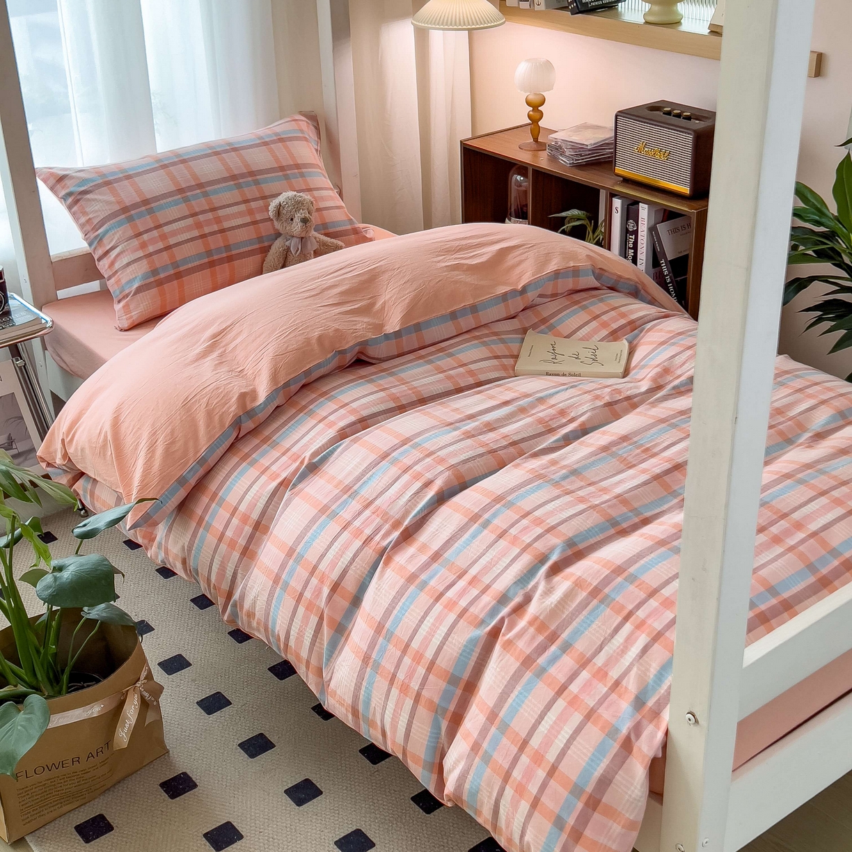 91家纺网 家纺一手货源 找家纺 宝士康家纺 2025春夏新款简约水洗棉学生三件套宿舍三件套上下铺三件套套件学生六件套套件（床单款） 英伦粉