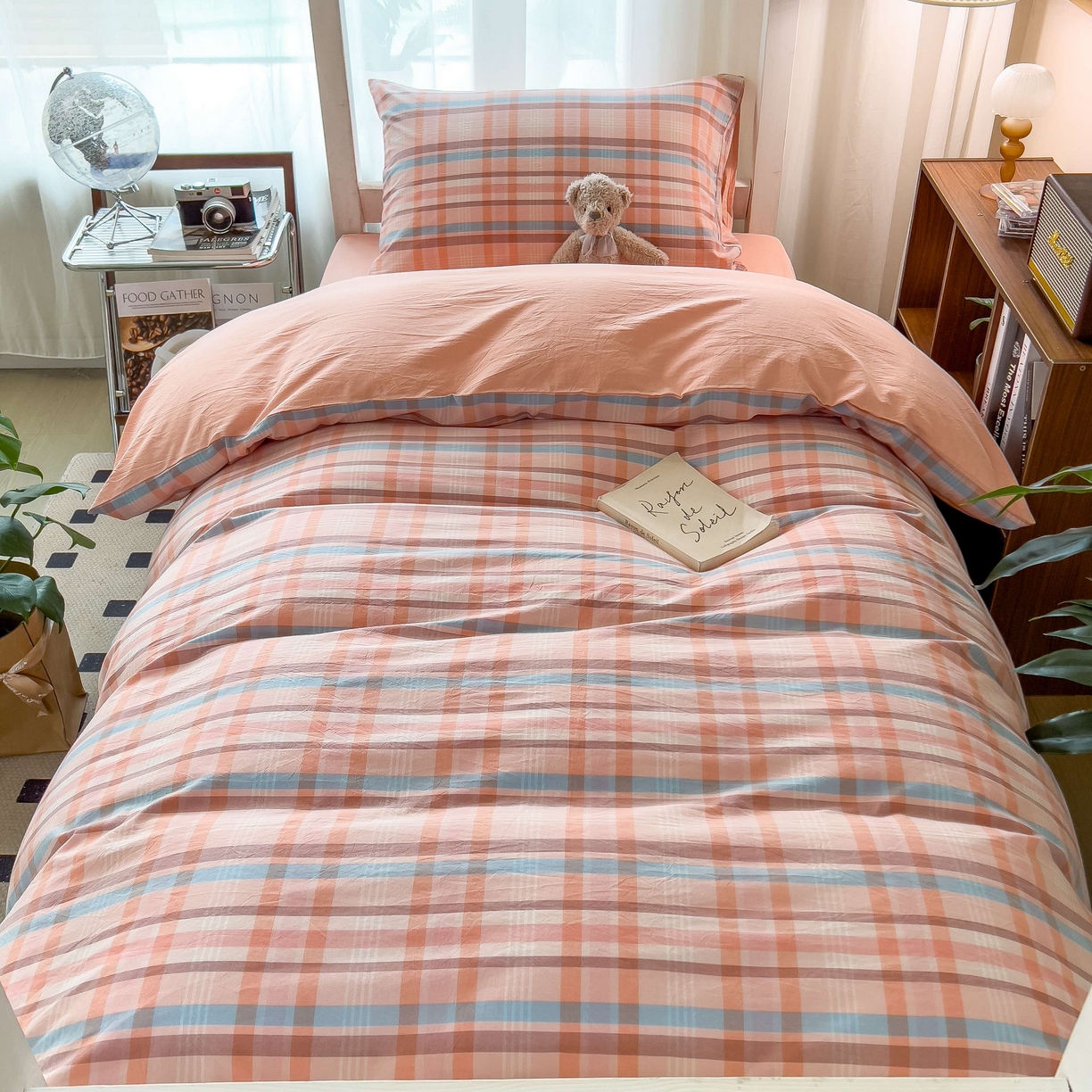 91家纺网 家纺一手货源 找家纺 宝士康家纺 2025春夏新款简约水洗棉学生三件套宿舍三件套上下铺三件套套件学生六件套套件（床单款） 英伦粉