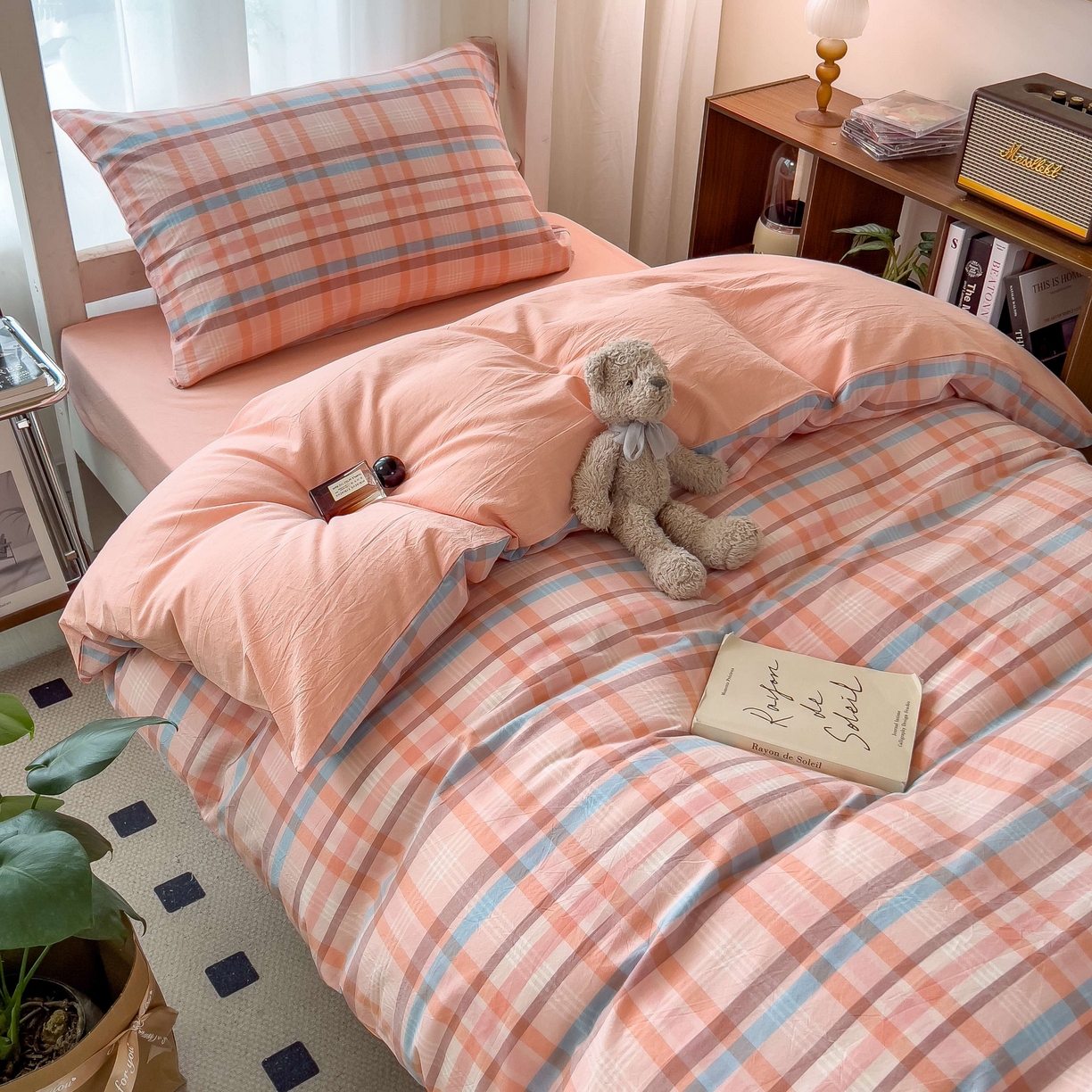 91家纺网 家纺一手货源 找家纺 宝士康家纺 2025春夏新款简约水洗棉学生三件套宿舍三件套上下铺三件套套件学生六件套套件（床单款） 英伦粉