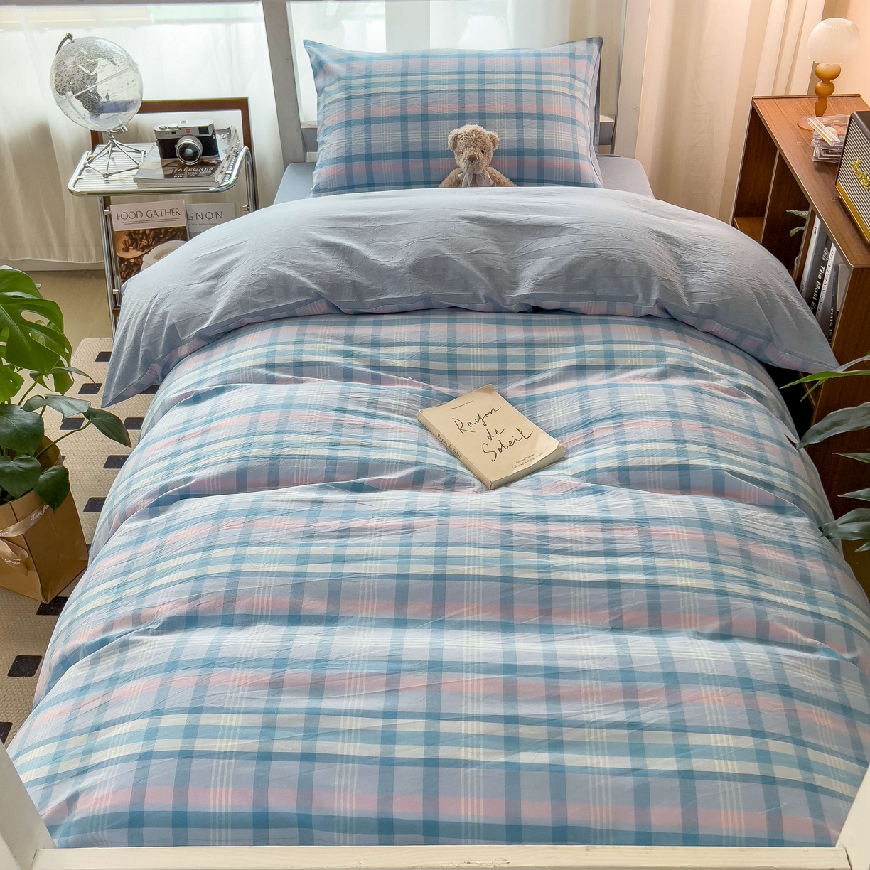 91家纺网 家纺一手货源 找家纺 宝士康家纺 2025春夏新款简约水洗棉学生三件套宿舍三件套上下铺三件套套件学生六件套套件（床单款） 英伦蓝