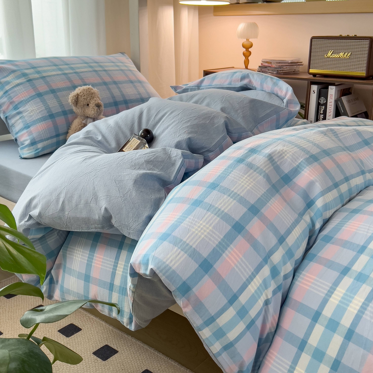 91家纺网 家纺一手货源 找家纺 宝士康家纺 2025春夏新款简约水洗棉学生三件套宿舍三件套上下铺三件套套件学生六件套套件（床单款） 英伦蓝