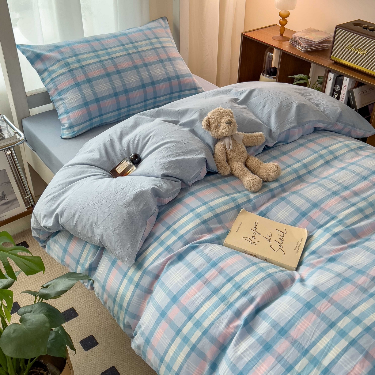 91家纺网 家纺一手货源 找家纺 宝士康家纺 2025春夏新款简约水洗棉学生三件套宿舍三件套上下铺三件套套件学生六件套套件（床单款） 英伦蓝