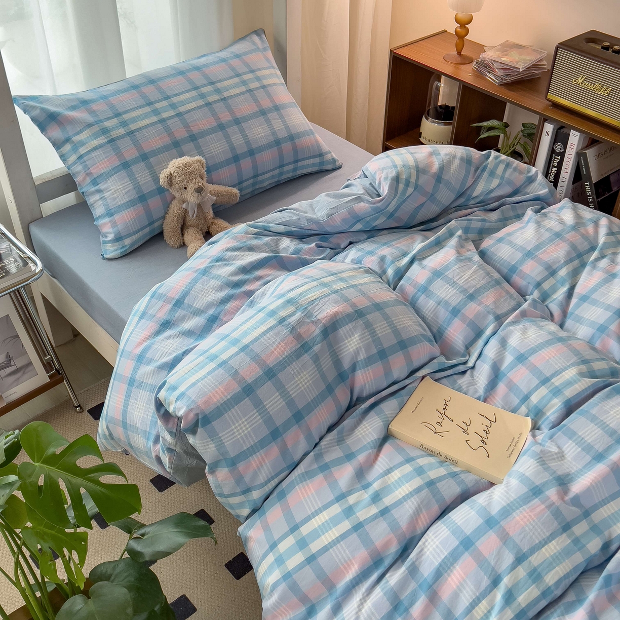 91家纺网 家纺一手货源 找家纺 宝士康家纺 2025春夏新款简约水洗棉学生三件套宿舍三件套上下铺三件套套件学生六件套套件（床单款） 英伦蓝