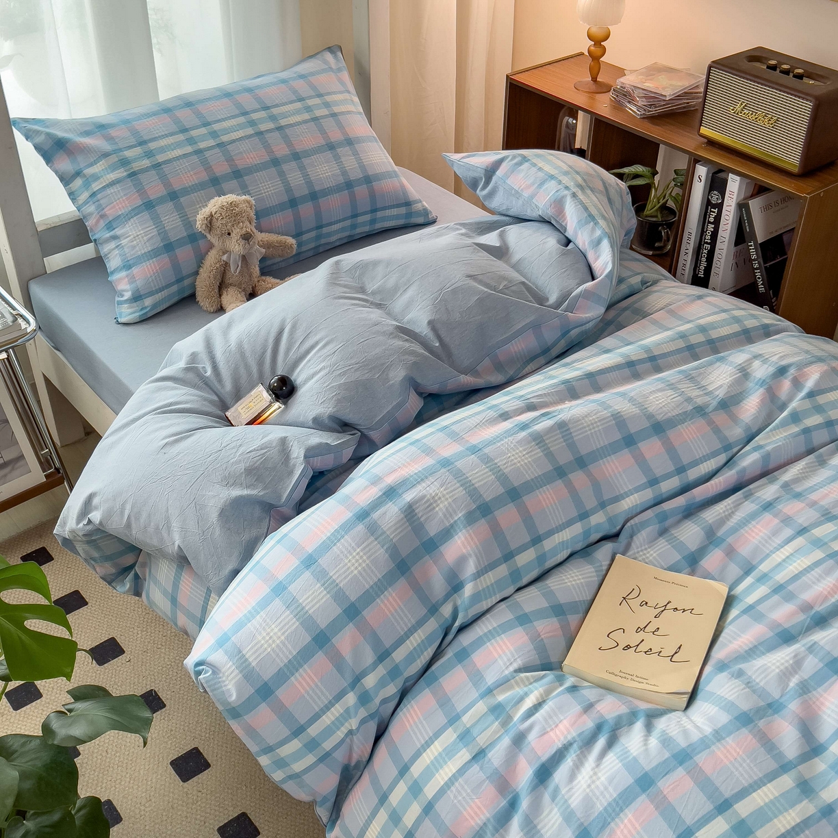 91家纺网 家纺一手货源 找家纺 宝士康家纺 2025春夏新款简约水洗棉学生三件套宿舍三件套上下铺三件套套件学生六件套套件（床单款） 英伦蓝