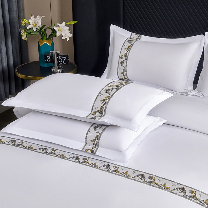 91家纺网 家纺一手货源 找家纺 中乾酒店布草工厂店 2025新款120克加密织带款酒店四件套 水墨江南