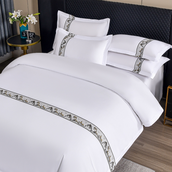 91家纺网 家纺一手货源 找家纺 中乾酒店布草工厂店 2025新款120克加密织带款酒店四件套 水墨江南