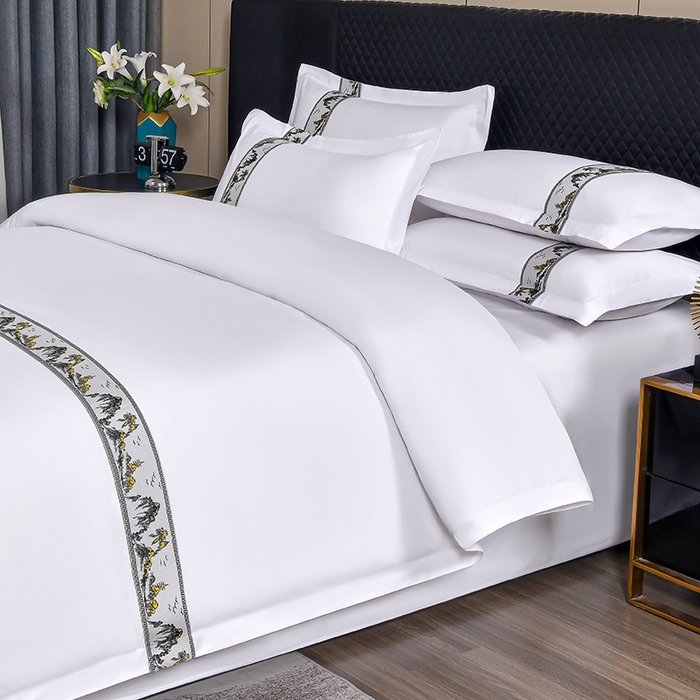 91家纺网 家纺一手货源 找家纺 中乾酒店布草工厂店 2025新款120克加密织带款酒店四件套 水墨江南