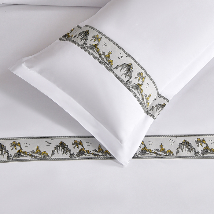 91家纺网 家纺一手货源 找家纺 中乾酒店布草工厂店 2025新款120克加密织带款酒店四件套 水墨江南