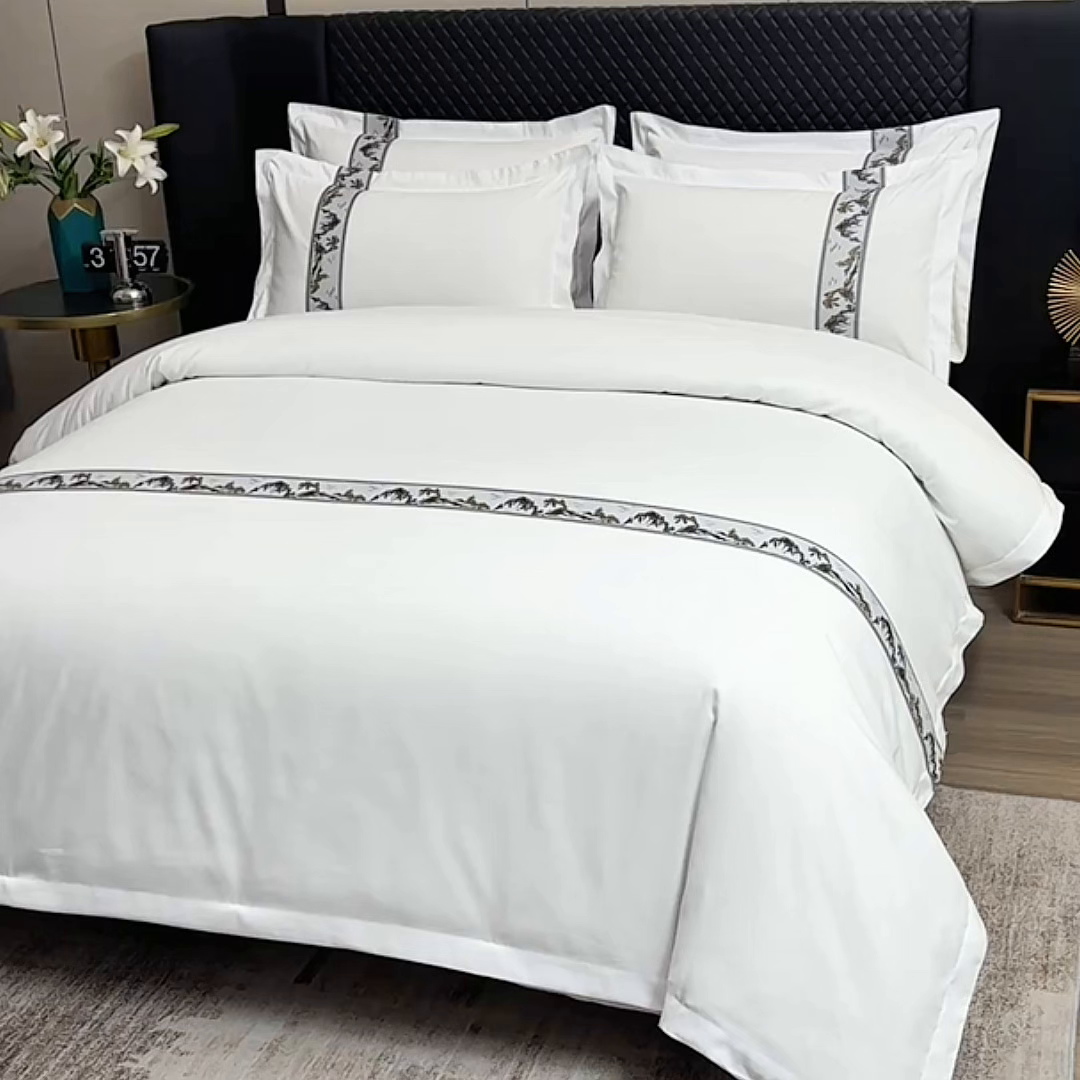 91家纺网 家纺一手货源 找家纺 中乾酒店布草工厂店 2025新款120克加密织带款酒店四件套 水墨江南