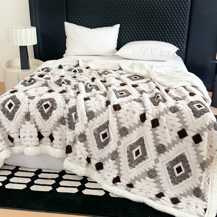 91家纺网 家纺一手货源 找家纺 丹本家纺 2025新款轻奢阳离子提花镂空塔芙绒羊羔绒保暖午睡双层毛毯办公室盖毯 深咖