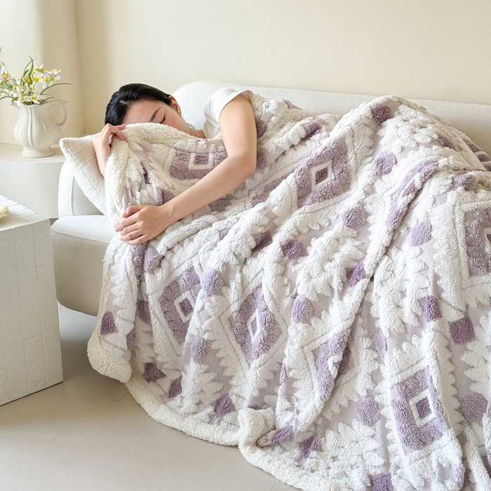 91家纺网 家纺一手货源 找家纺 丹本家纺 2025新款轻奢阳离子提花镂空塔芙绒羊羔绒保暖午睡双层毛毯办公室盖毯 浅紫
