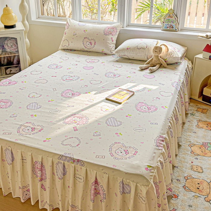 91家纺网 家纺一手货源 找家纺 极梦家纺（支持定制） 2025新款印花磨毛单床裙三件套（总链接一）爱心粉兔